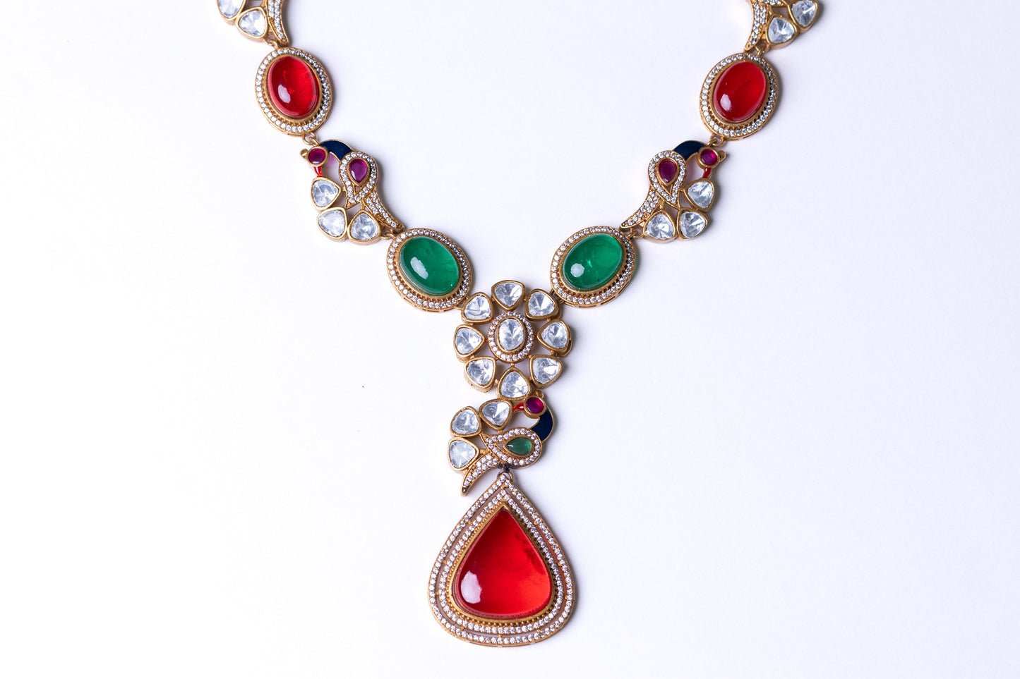 Royal Multicolor Natural Gemstones and Kundan Polki Moissanite Designer Necklace