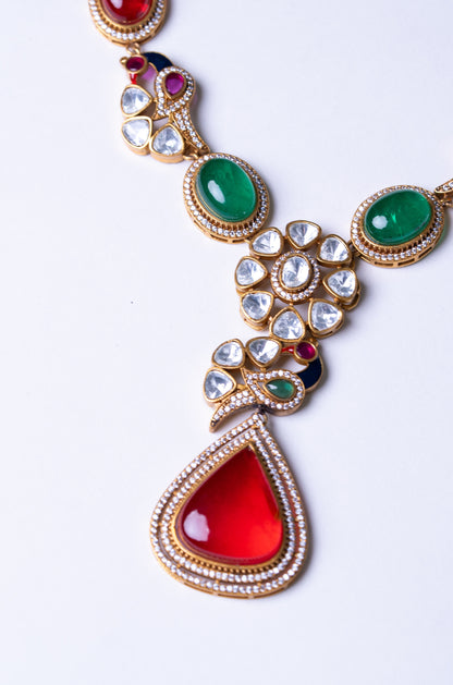 Royal Multicolor Natural Gemstones and Kundan Polki Moissanite Designer Necklace