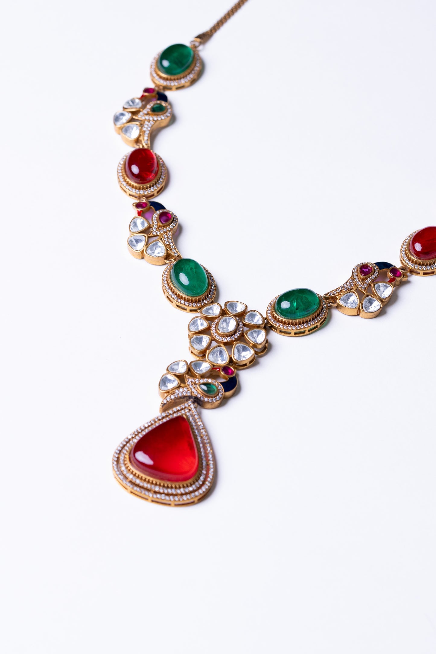 Royal Multicolor Natural Gemstones and Kundan Polki Moissanite Designer Necklace