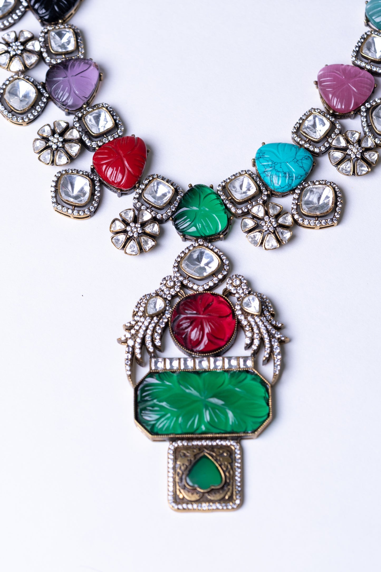 Turkish Carved Tourmaline & Multicolor Gemstones Designer Necklace