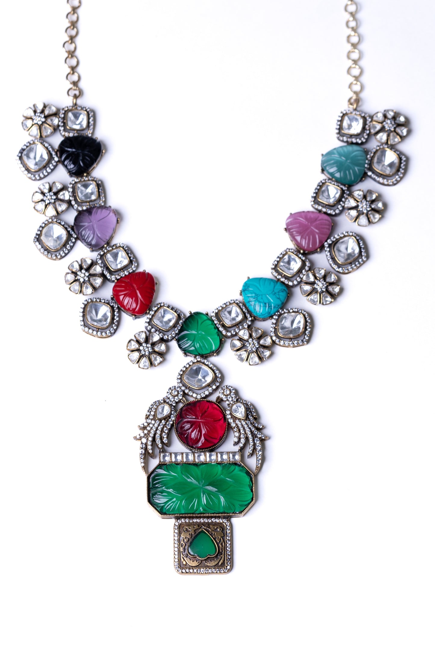 Turkish Carved Tourmaline & Multicolor Gemstones Designer Necklace