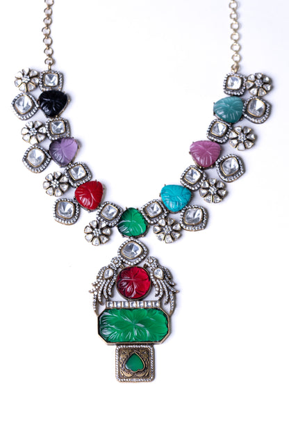 Turkish Carved Tourmaline & Multicolor Gemstones Designer Necklace