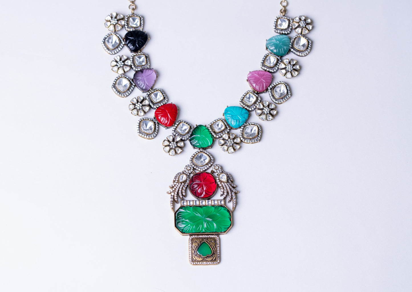 Turkish Carved Tourmaline & Multicolor Gemstones Designer Necklace