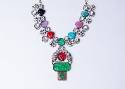 Turkish Carved Tourmaline & Multicolor Gemstones Designer Necklace