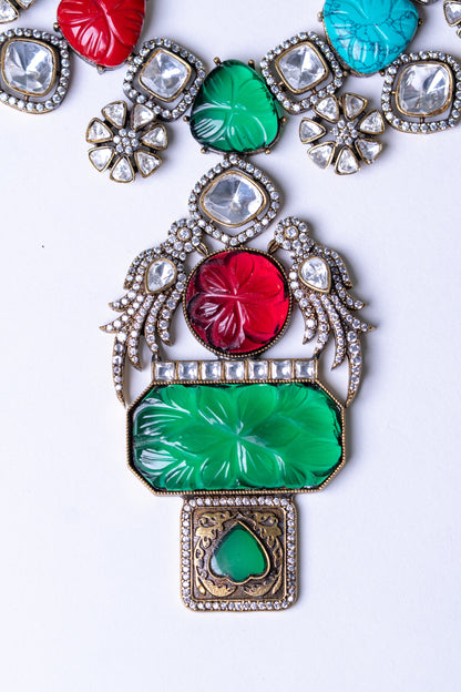 Turkish Carved Tourmaline & Multicolor Gemstones Designer Necklace