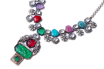 Turkish Carved Tourmaline & Multicolor Gemstones Designer Necklace