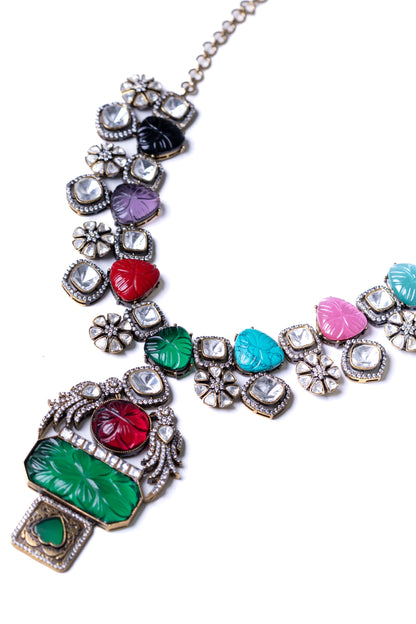 Turkish Carved Tourmaline & Multicolor Gemstones Designer Necklace