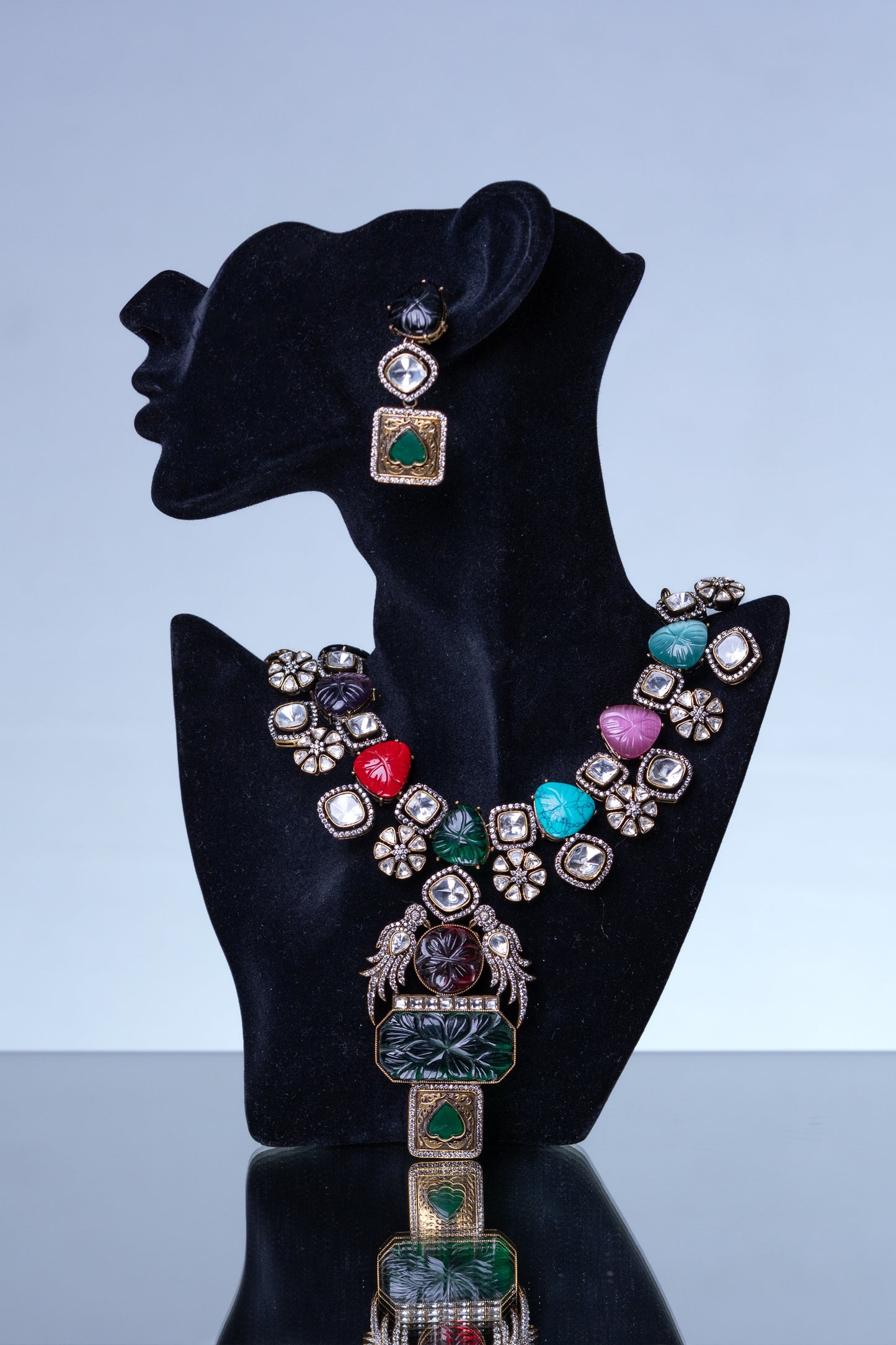Turkish Carved Tourmaline & Multicolor Gemstones Designer Necklace