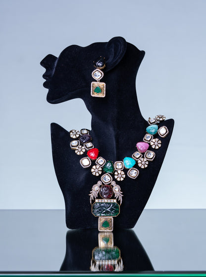 Turkish Carved Tourmaline & Multicolor Gemstones Designer Necklace