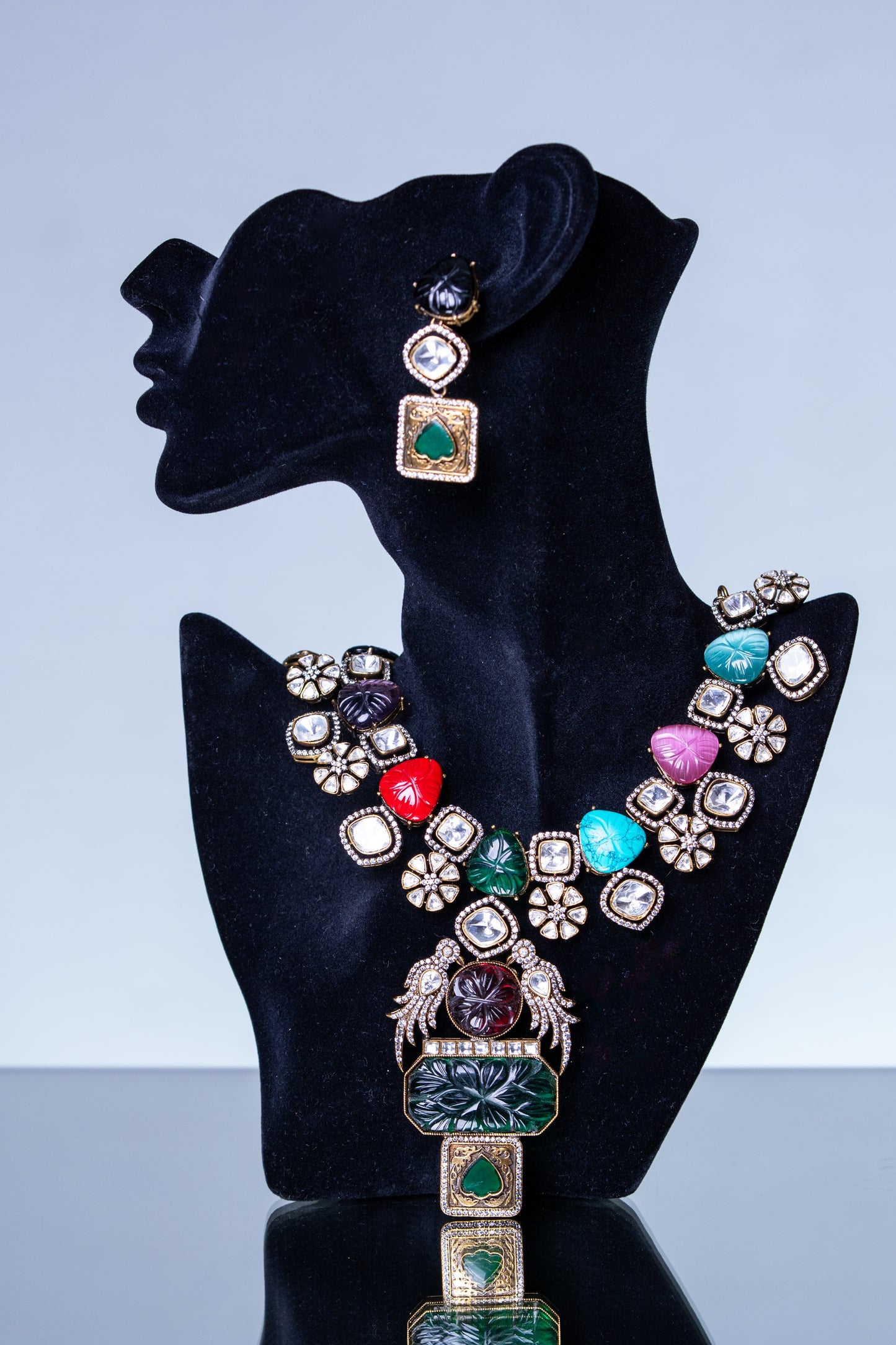 Turkish Carved Tourmaline & Multicolor Gemstones Designer Necklace