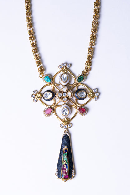 Roman Byzantine Style Polki Moissanite and Carved Tourmaline Stones Designer Necklace