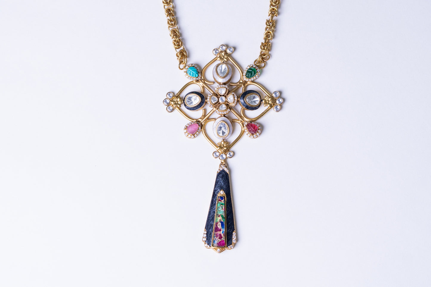 Roman Byzantine Style Polki Moissanite and Carved Tourmaline Stones Designer Necklace