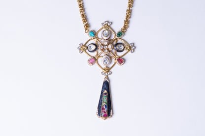 Roman Byzantine Style Polki Moissanite and Carved Tourmaline Stones Designer Necklace