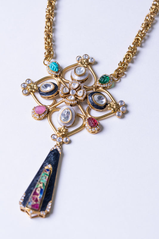 Roman Byzantine Style Polki Moissanite and Carved Tourmaline Stones Designer Necklace