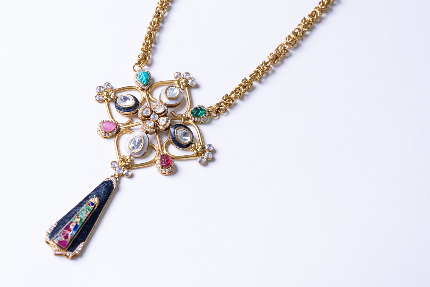 Roman Byzantine Style Polki Moissanite and Carved Tourmaline Stones Designer Necklace