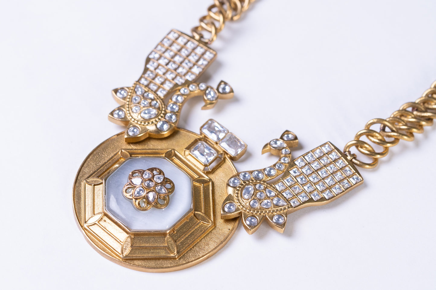 Gold Plated Mother of Pearl and Polki Kundan with American Diamond Zirconia Peacock Necklace