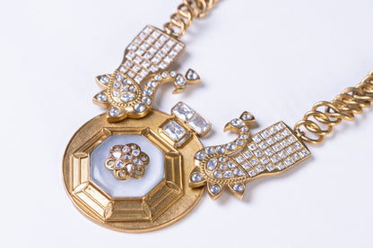 Gold Plated Mother of Pearl and Polki Kundan with American Diamond Zirconia Peacock Necklace