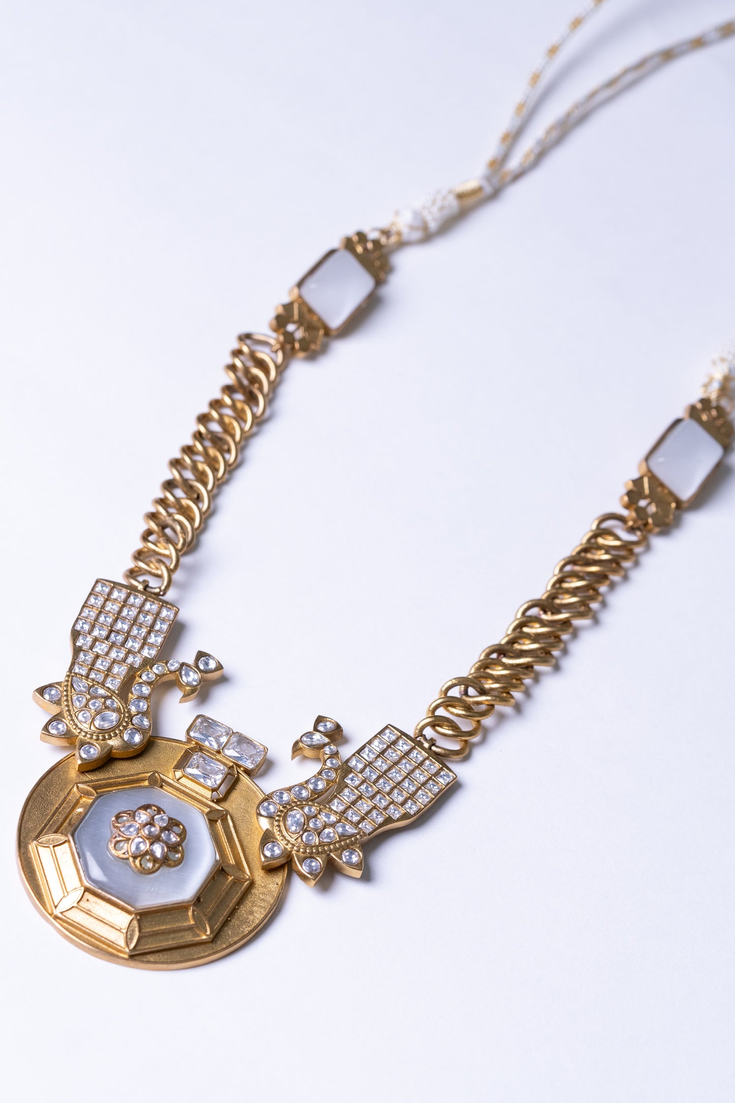 Gold Plated Mother of Pearl and Polki Kundan with American Diamond Zirconia Peacock Necklace