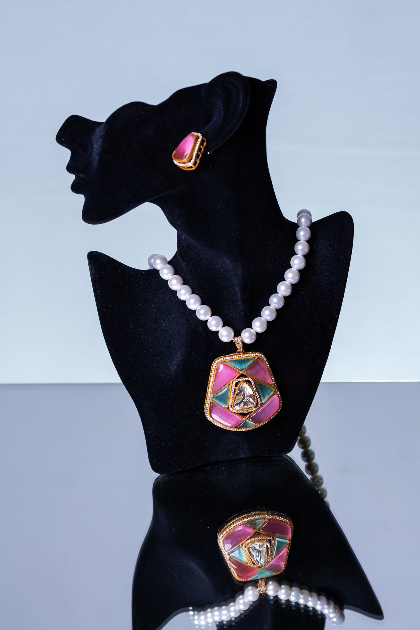 Real Pearl with Multi-Color Enamel Crystal and Polki Moissanite Necklace