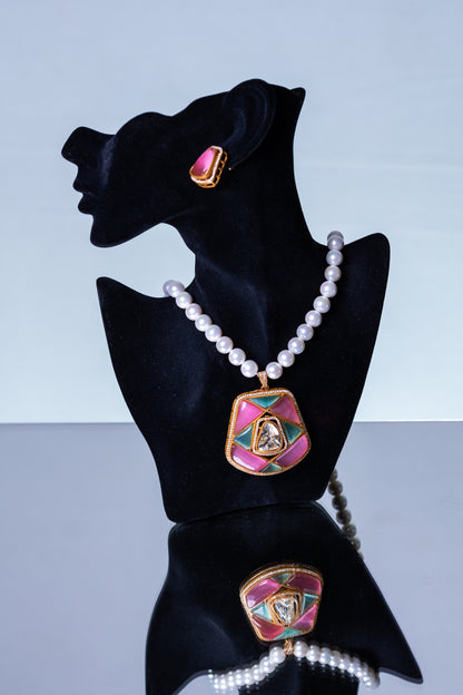 Real Pearl with Multi-Color Enamel Crystal and Polki Moissanite Necklace