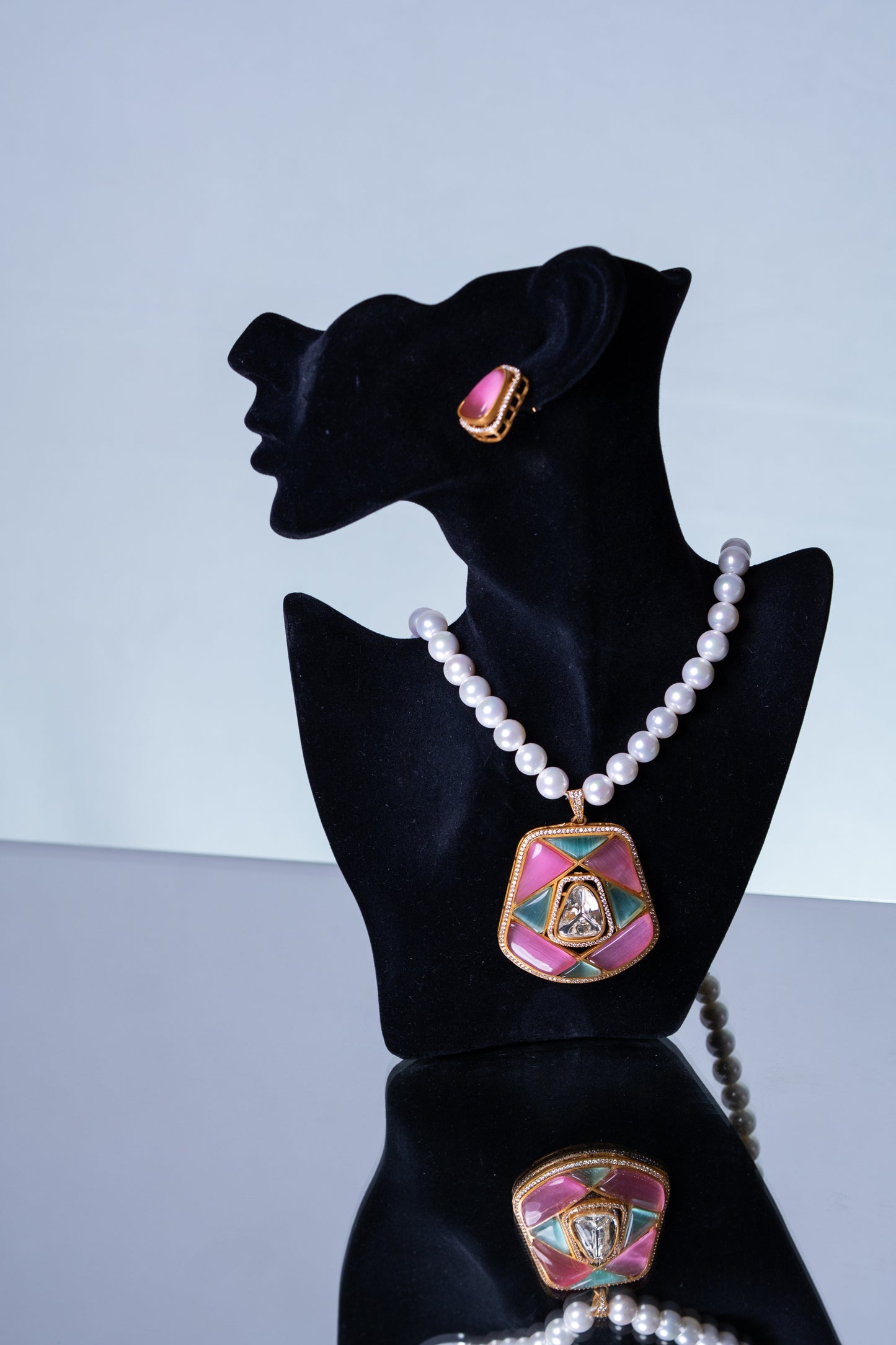 Real Pearl with Multi-Color Enamel Crystal and Polki Moissanite Necklace