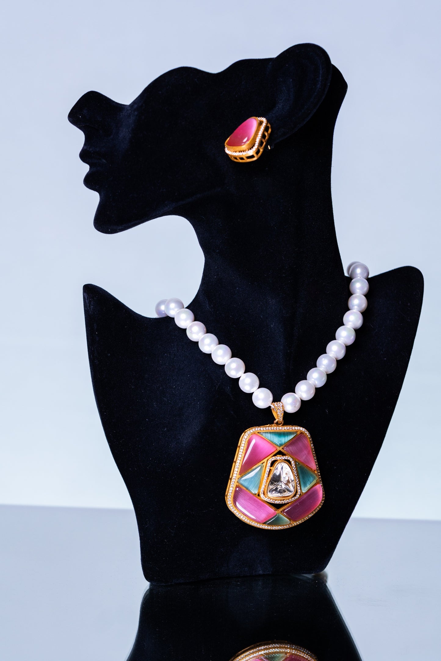Real Pearl with Multi-Color Enamel Crystal and Polki Moissanite Necklace