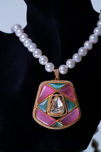 Real Pearl with Multi-Color Enamel Crystal and Polki Moissanite Necklace