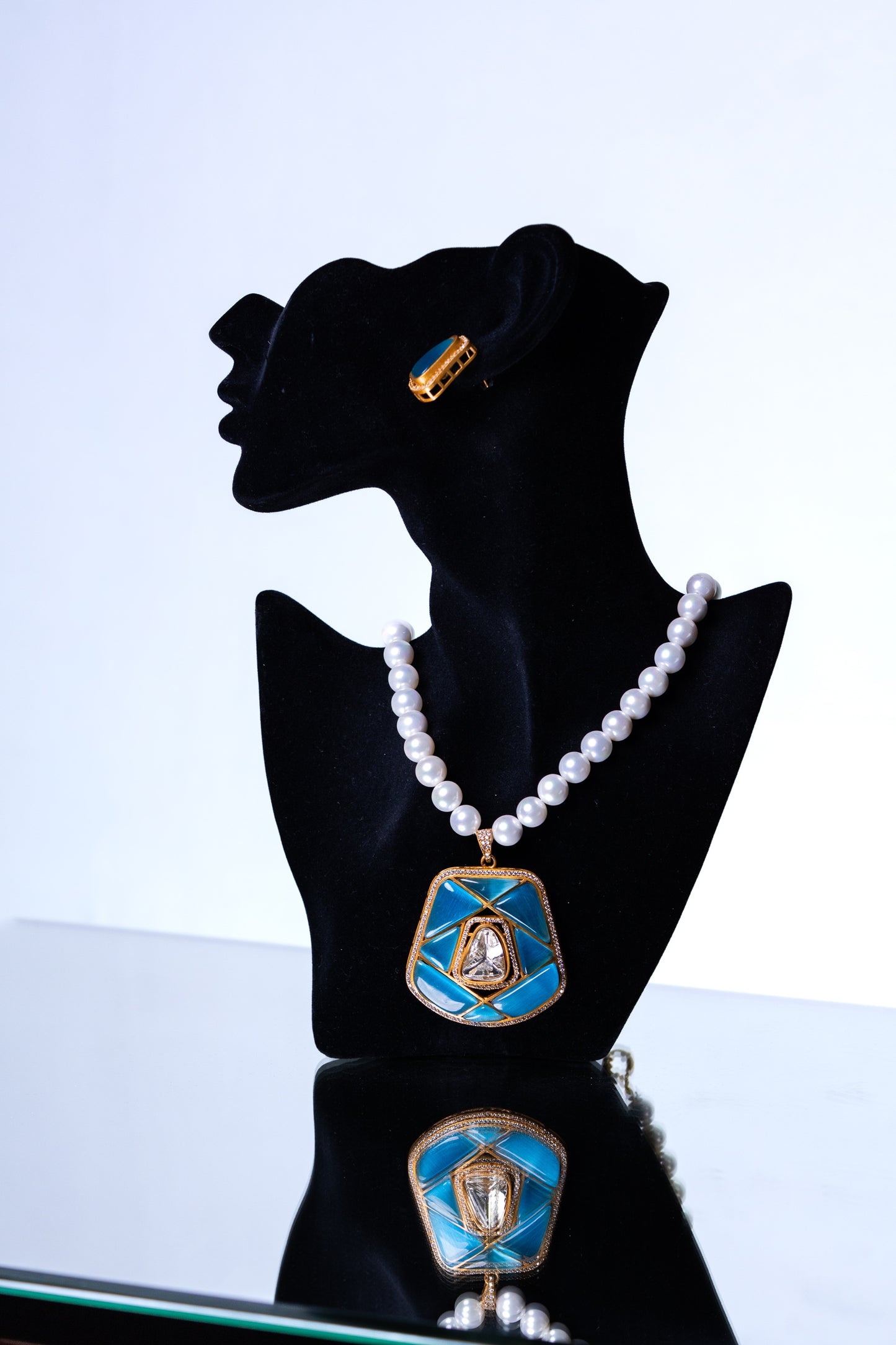Real Pearl with Blue Enamel Crystal and Polki Moissanite Necklace