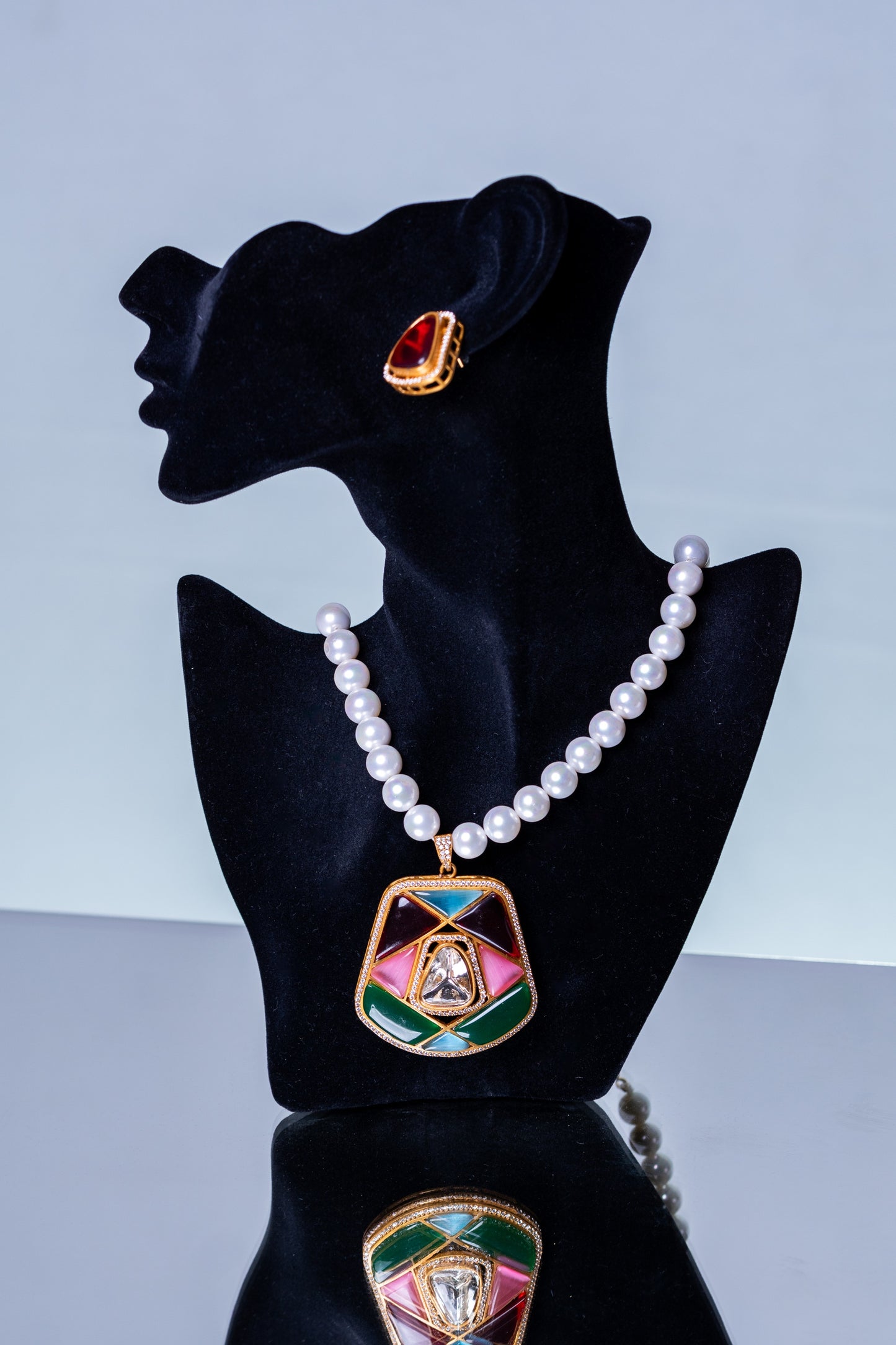 Real Pearl with Multi-Color Enamel Crystal Polki Moissanite Pendant Necklace