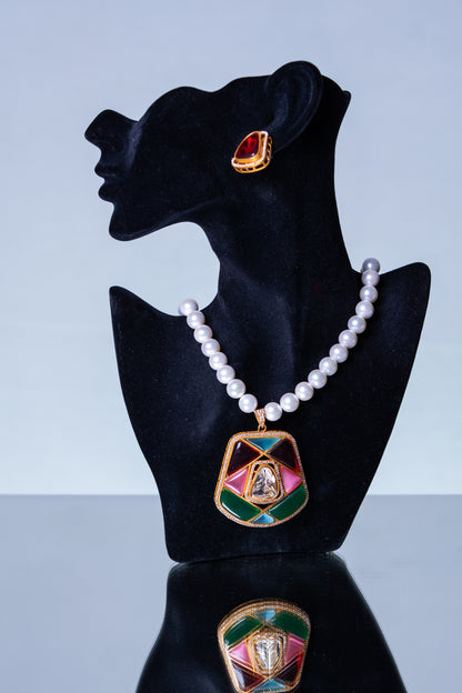 Real Pearl with Multi-Color Enamel Crystal Polki Moissanite Pendant Necklace