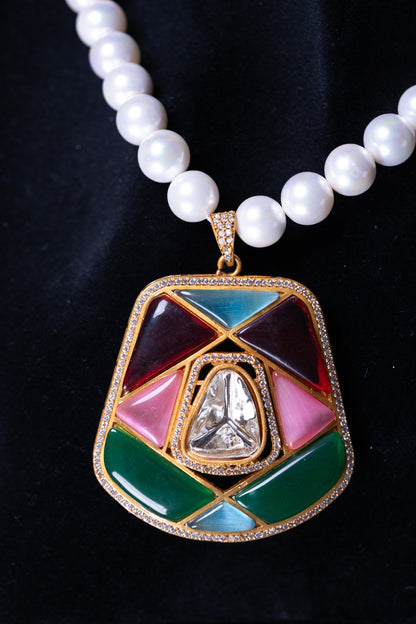 Real Pearl with Multi-Color Enamel Crystal Polki Moissanite Pendant Necklace