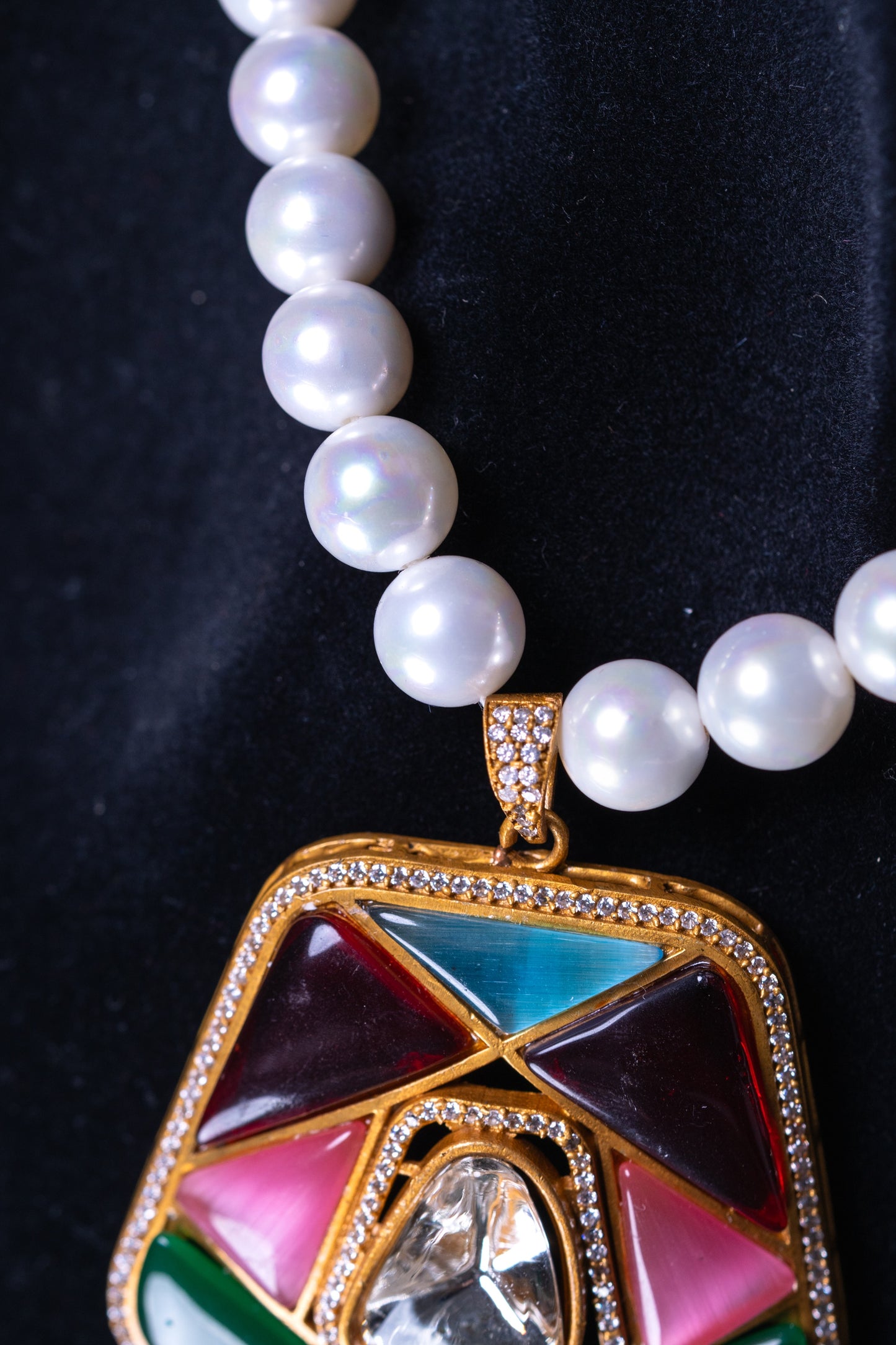 Real Pearl with Multi-Color Enamel Crystal Polki Moissanite Pendant Necklace