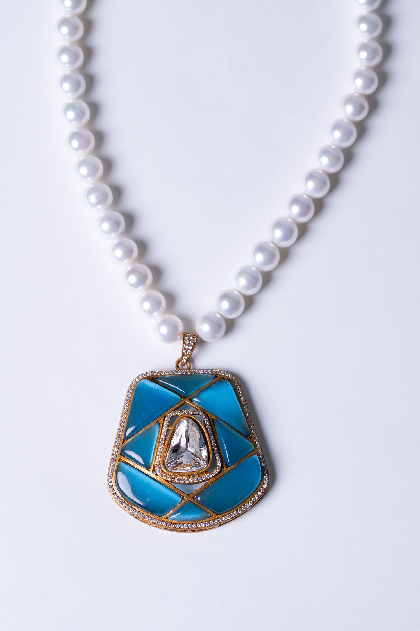 Real Pearl with Blue Enamel Crystal and Polki Moissanite Necklace