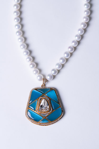 Real Pearl with Blue Enamel Crystal and Polki Moissanite Necklace