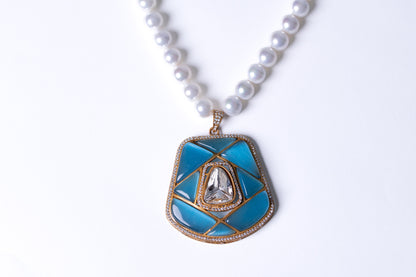 Real Pearl with Blue Enamel Crystal and Polki Moissanite Necklace