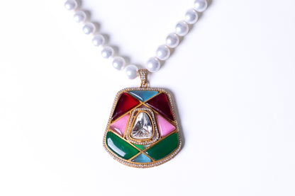 Real Pearl with Multi-Color Enamel Crystal Polki Moissanite Pendant Necklace