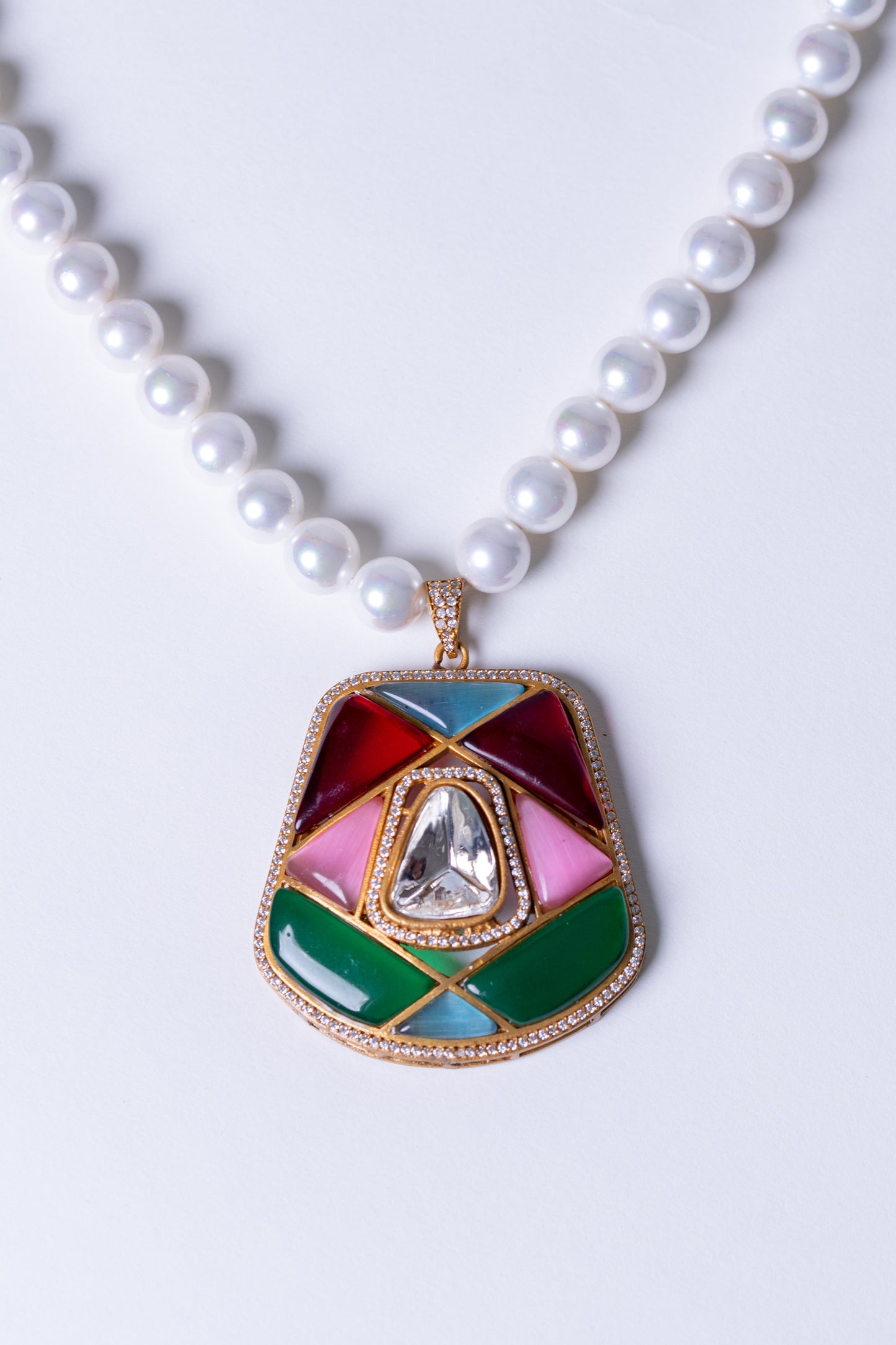 Real Pearl with Multi-Color Enamel Crystal Polki Moissanite Pendant Necklace