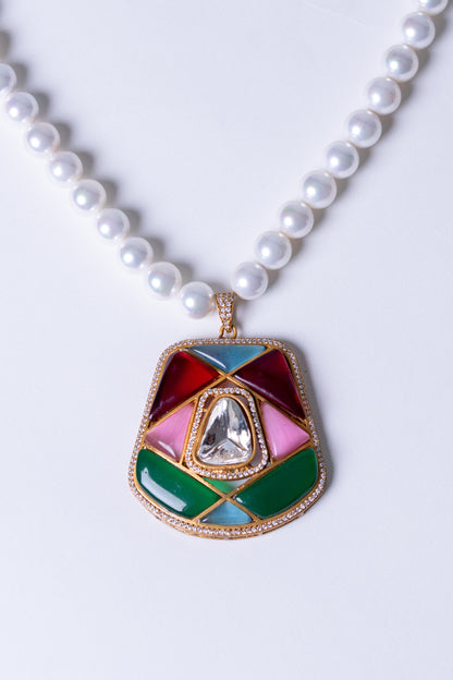 Real Pearl with Multi-Color Enamel Crystal Polki Moissanite Pendant Necklace