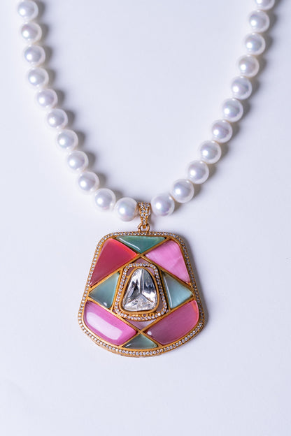 Real Pearl with Multi-Color Enamel Crystal and Polki Moissanite Necklace