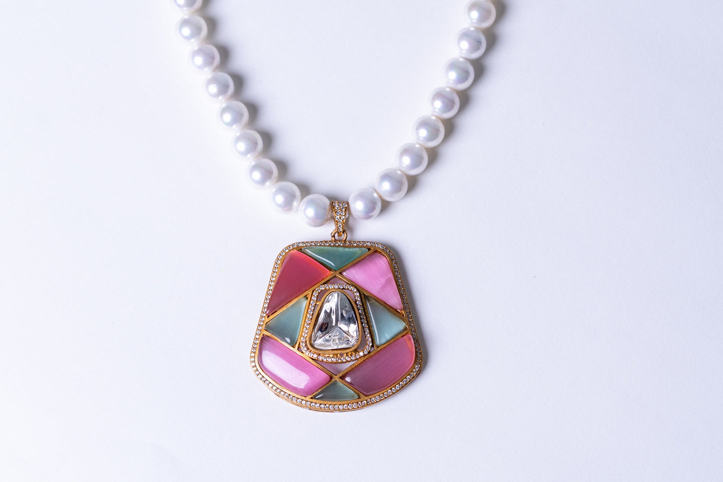 Real Pearl with Multi-Color Enamel Crystal and Polki Moissanite Necklace