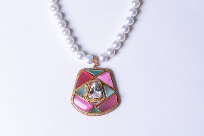 Real Pearl with Multi-Color Enamel Crystal and Polki Moissanite Necklace