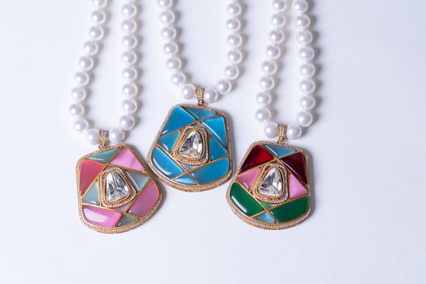 Real Pearl with Multi-Color Enamel Crystal Polki Moissanite Pendant Necklace