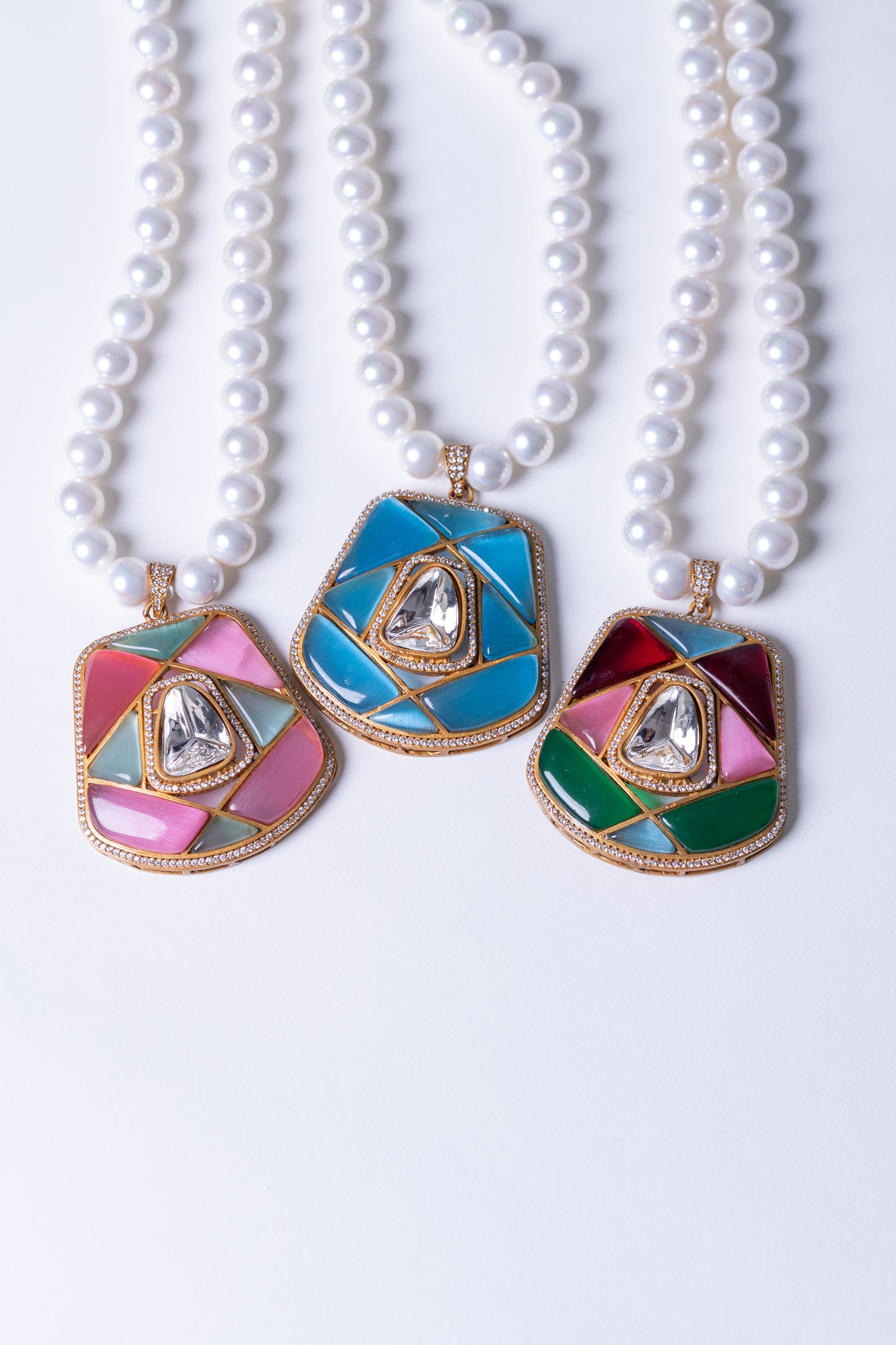 Real Pearl with Blue Enamel Crystal and Polki Moissanite Necklace