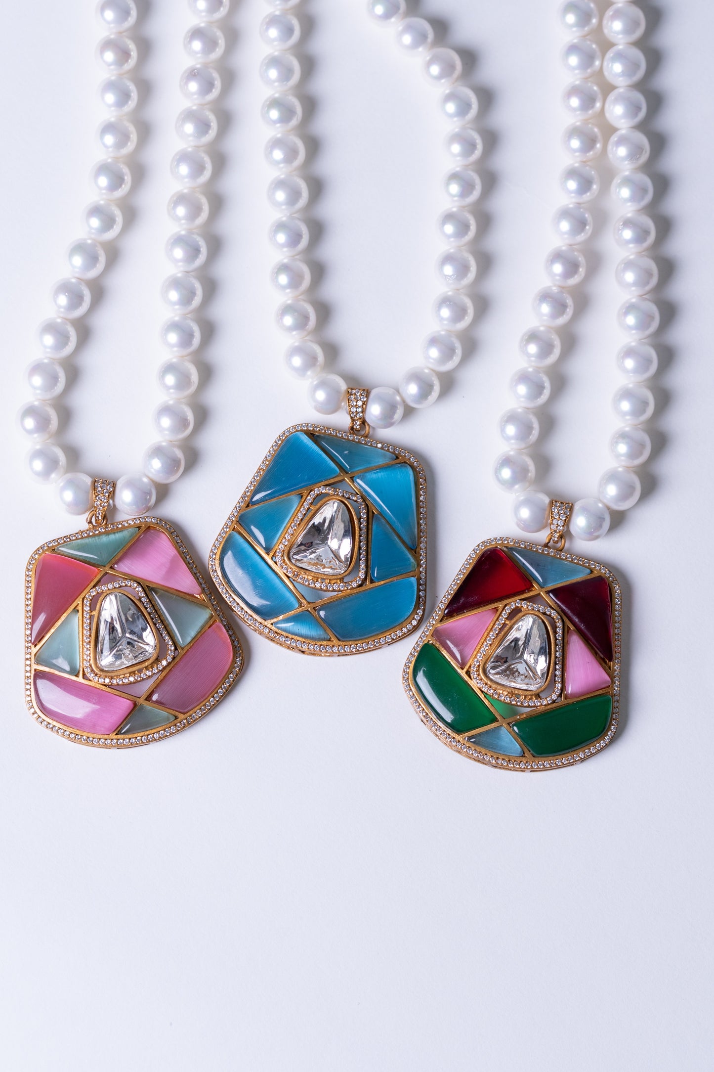 Real Pearl with Multi-Color Enamel Crystal Polki Moissanite Pendant Necklace