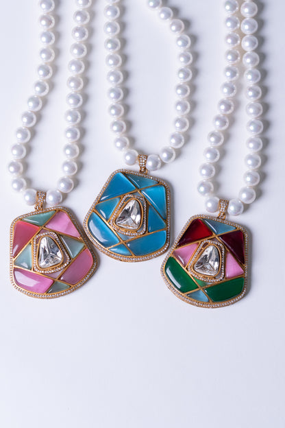 Real Pearl with Multi-Color Enamel Crystal Polki Moissanite Pendant Necklace