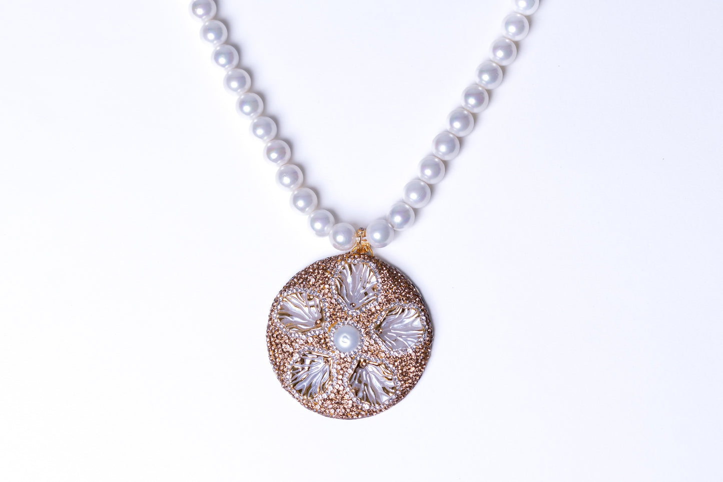 Real Pearl with Natural Sea Shell and American Diamonds Zirconia Pendant Necklace