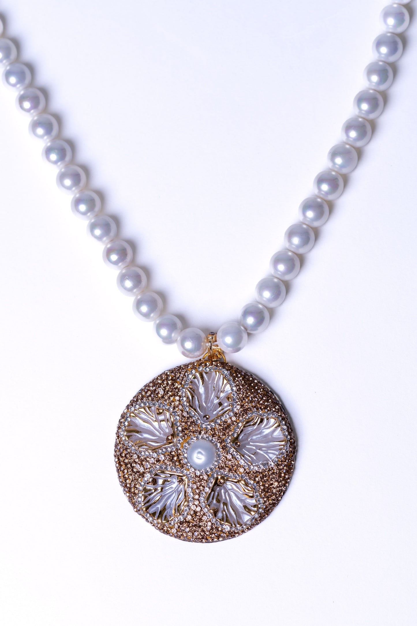 Real Pearl with Natural Sea Shell and American Diamonds Zirconia Pendant Necklace