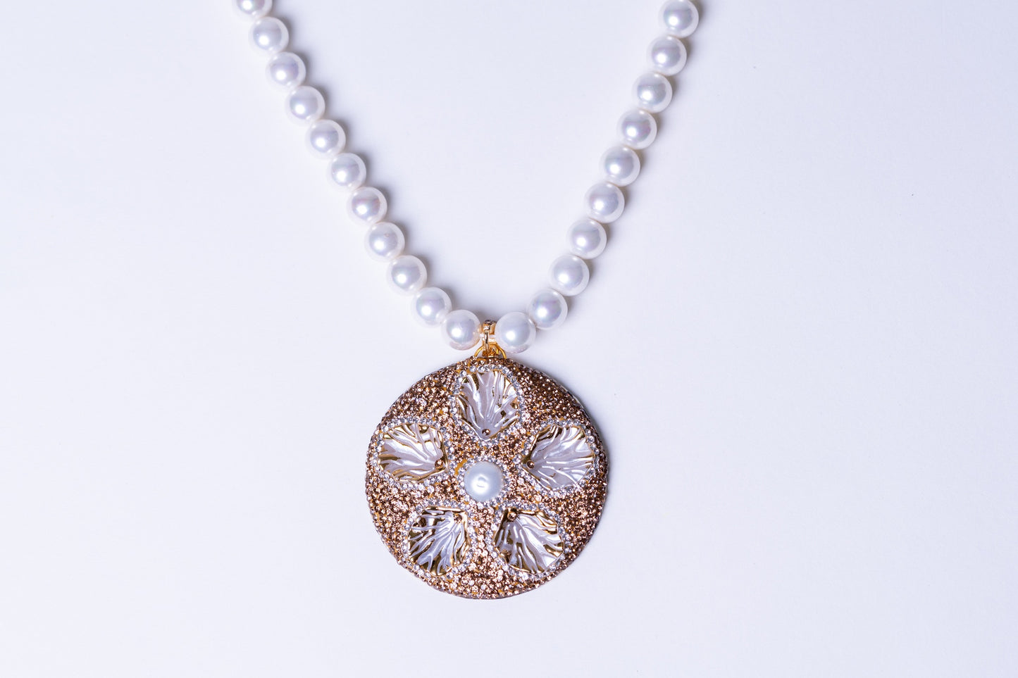 Real Pearl with Natural Sea Shell and American Diamonds Zirconia Pendant Necklace