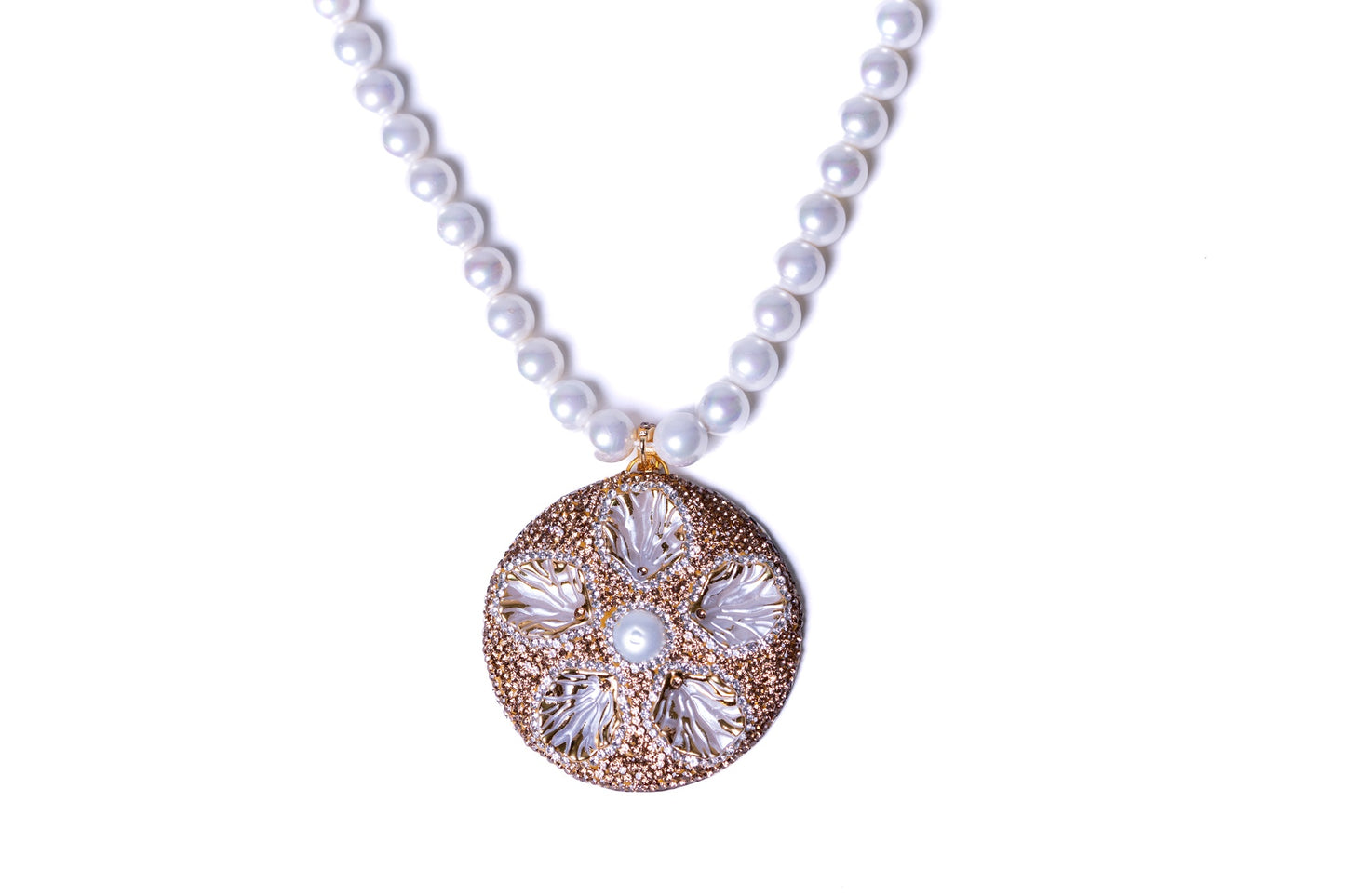 Real Pearl with Natural Sea Shell and American Diamonds Zirconia Pendant Necklace
