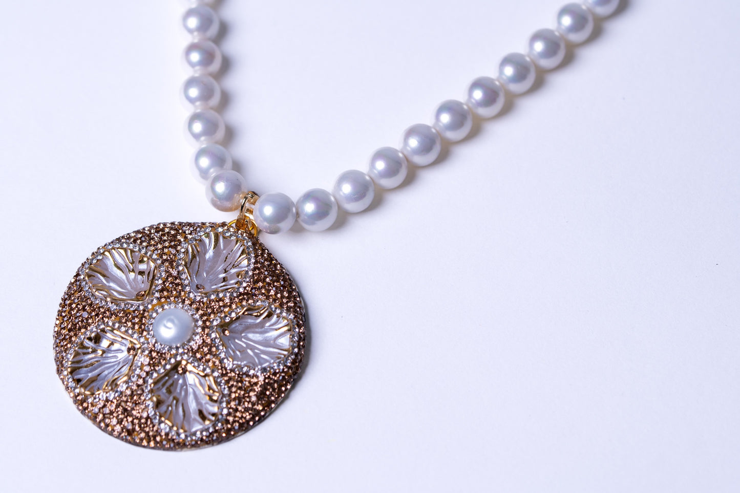 Real Pearl with Natural Sea Shell and American Diamonds Zirconia Pendant Necklace